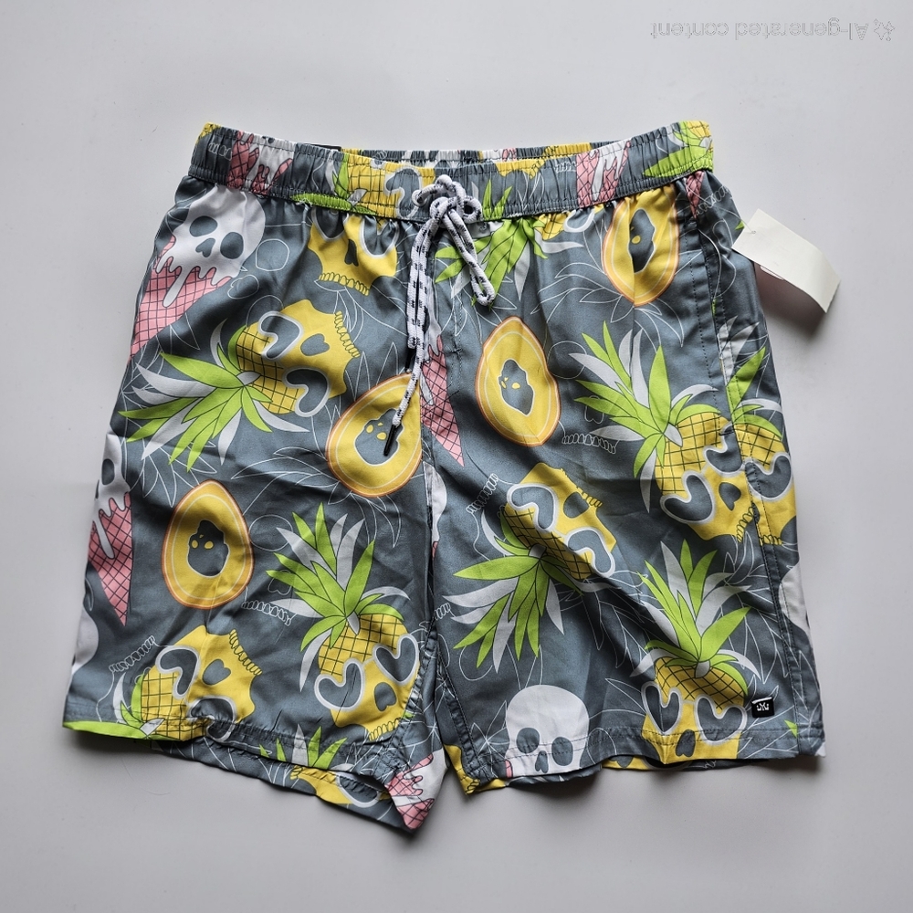 Micros Gray and Yellow Swim Shorts with Drawstring Waist